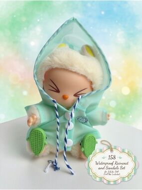 158,Waterproof Green Raincoat W/Sandals Set 4 Labubu Doll(No Doll-No Crown)